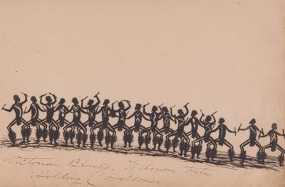 Kwatkwat-mensen - Zwarte mensen uit Victoria - Kilmore stam houdt corroboree (schetsboek van Aboriginal activiteiten) door Tommy McRae